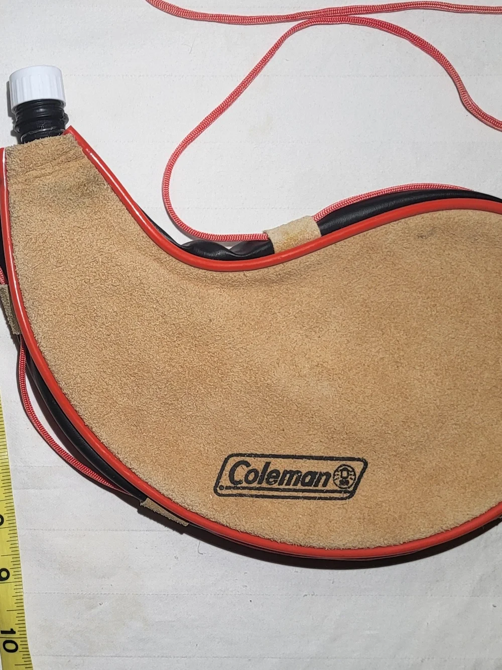 Coleman Vintage Tan Suede Water Bottle Canteen with Red Cord